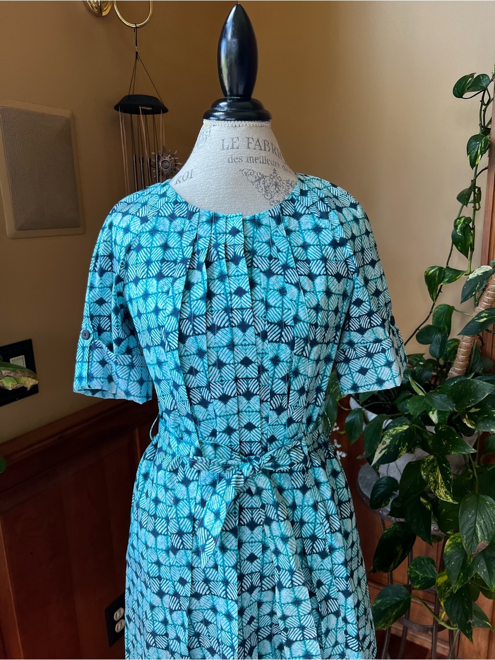 Brooks Brothers 346 NWT Teal Geometric Print Dress with Tie Waist Women’s 6 - Picture 3 of 9